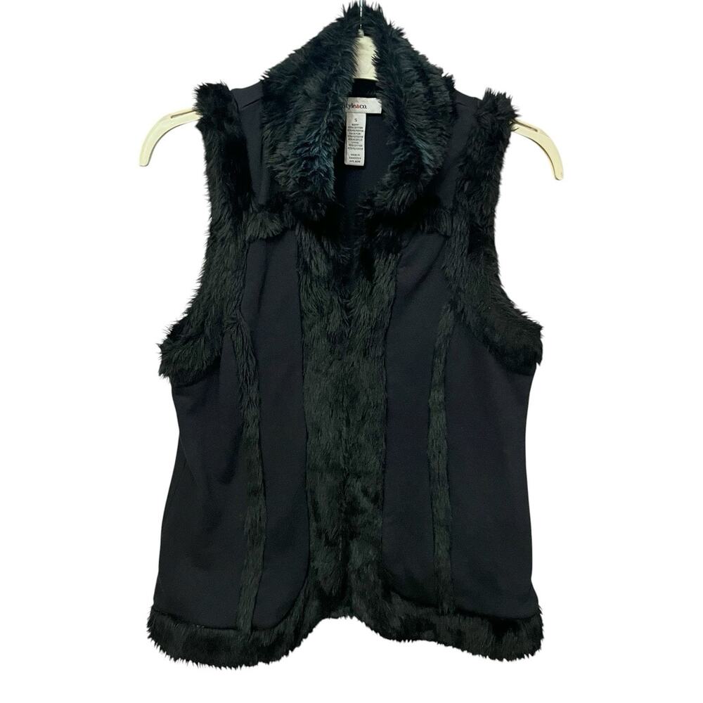 Style And Co Penny Lane Vest Small Faux Fur Trim Boho Hippie Black Mock Neck